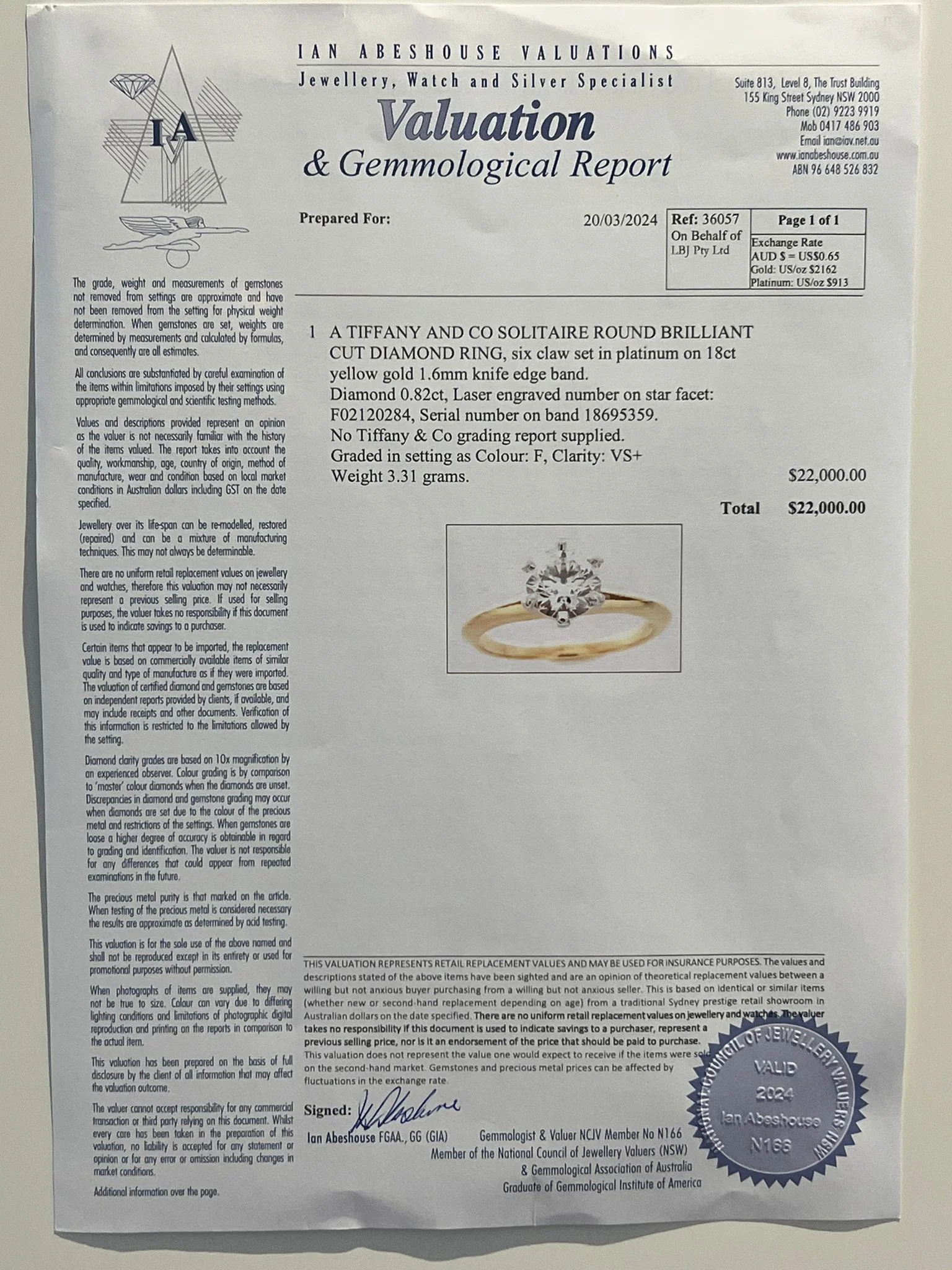 Tiffany & Co Solitaire Engagement Ring 0.82ct - Image 6